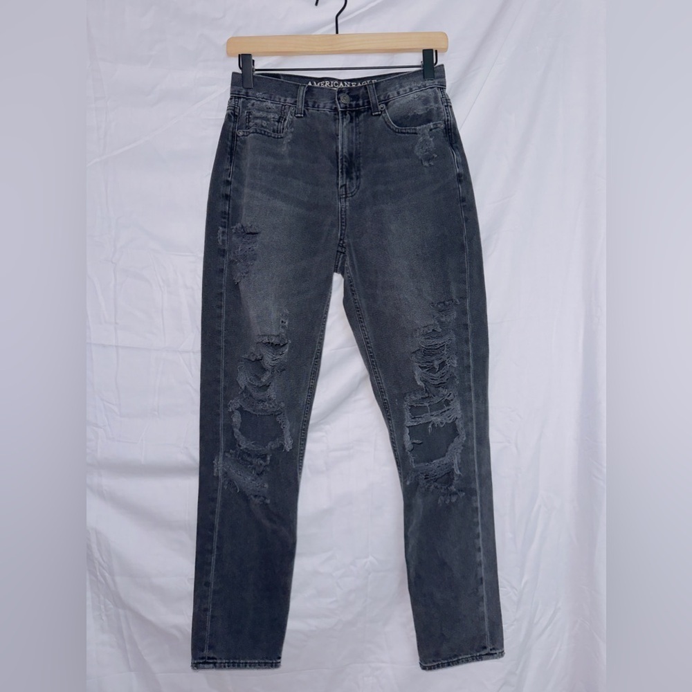 American Eagle AEO Black Wash Denim High Rise Distressed Mom Jean size 2